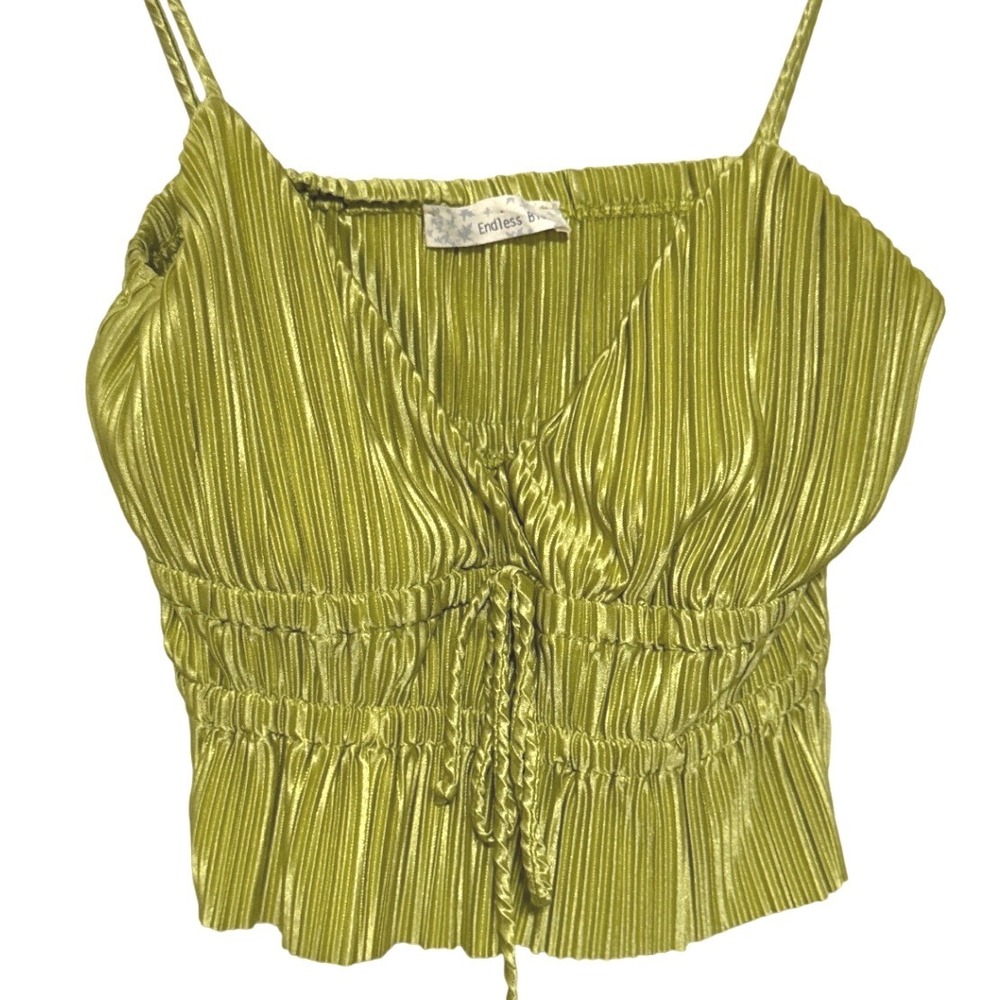 Endless Blu Lime Green Pleated Peplum Crop Med Tank Top Y2K Coquette Festival